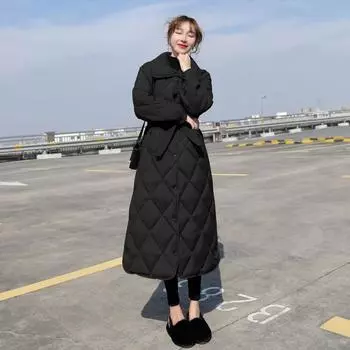 2024 Зимнее длинное пальто женское повседневное с поясами парки женские карманы пуховик хлопковая подкладка верхняя одежда S чёрный