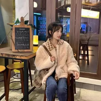 2024 зимнее пальто из овечьей шерсти женское милое мелкое плетение шахматная доска экологически чистый мех кролик Рекс плюш утолщенный S
