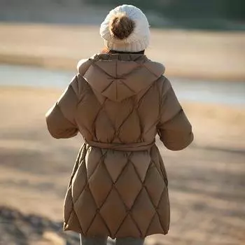 2024 зимнее утолщенное с капюшоном теплое ромбовидное сеточное женское пальто средней и длинной длины прилив S чёрный