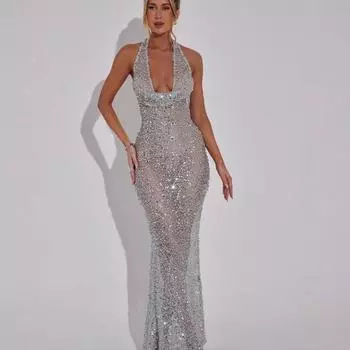 2024 Зимнее Женское Модное Платье с Пайетками, Холтер, Глубокий V-вырез, Облегающее, Сексуальное, Стройнящее, Микро-открытая спина, Длинное платье XL