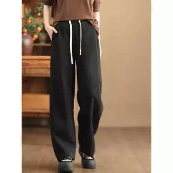 2024 зимние бархатные утолщенные ретро свободные трикотажные хлопковые повседневные женские верхние хлопковые брюки со шнурком M кофейный