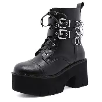 2024 зимние большие сапоги на каблуке 8,5 см, быстрая распродажа, женские ботинки с толстой подошвой и пряжкой на ремне, со шнуровкой спереди, Lhx 35 чёрный
