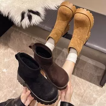 2024 зимние большие универсальные ботинки Martin женские в британском стиле ретро на платформе толстый каблук бархатные короткие ботинки 35 жёлтый