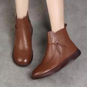 2024 зимние ботильоны из натуральной кожи, женские мягкие туфли ручной работы на плоской подошве, удобные повседневные мокасины, ботинки с боковой молнией для мам 35 чёрный