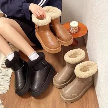 2024 зимние ботинки на толстой подошве женские меховые бархатные туфли водонепроницаемая и нескользящая верхняя одежда теплая обувь из северо-восточного хлопка 35 чёрный