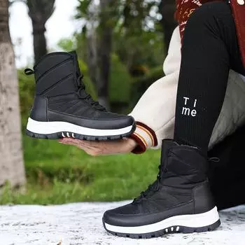 2024 зимние ботинки, женская теплая уличная хлопковая обувь, кожаные ботильоны, женские полусапоги, нескользящие зимние ботинки на платформе со шнуровкой 35 чёрный