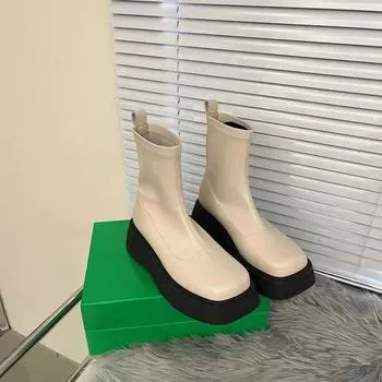 2024 зимние массивные ботинки для женщин с квадратным носком, женская мода, короткие ботинки на толстой платформе, женские ботильоны 35 бежевый