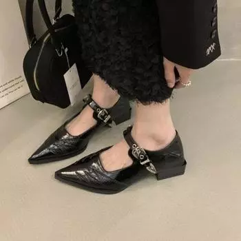 2024 зимние новые французские туфли с одним ремешком, заостренным носком и неглубоким носком для женщин, туфли Мэри Джейн в стиле ретро с пряжкой на толстом каблуке 35 чёрный