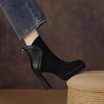 2024 зимние новые модные женские ботинки удобные круглые ботинки на высоком каблуке короткие водонепроницаемые ботинки на платформе толстая подошва толстый каблук одинарные ботинки 34 чёрный