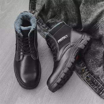 2024 Зимние новые мужские ботинки из натуральной кожи, теплые ботильоны с натуральным мехом, рабочая мужская обувь, водонепроницаемые зимние ботинки 39 чёрный