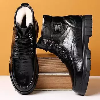 2024 зимние новые мужские высокие хлопковые ботинки мужские бархатные термо-хлопковые кожаные ботинки Martin ботинки для снега на толстой подошве 2188 38 чёрный