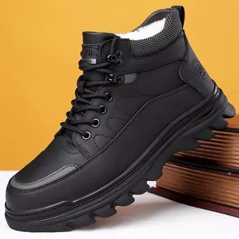 2024 зимние новые мужские высокие хлопковые ботинки мужские повседневные теплые кожаные зимние ботинки на шнуровке мужские ботинки 8811 38 чёрный