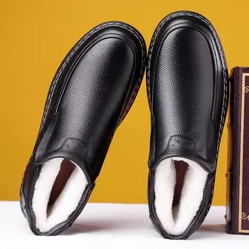 2024 зимние новые мужские высокие хлопковые туфли ручной работы из кожи и бархата, теплые папины туфли, зимние сапоги A188 38 чёрный