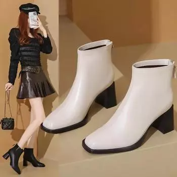 2024 Зимние Новые Заостренные Твердые Кожаные Высокий Каблук Молния Сзади Мягкие Удобные Женские Модные Ботинки Голые Ботинки Женские 34 бежевый