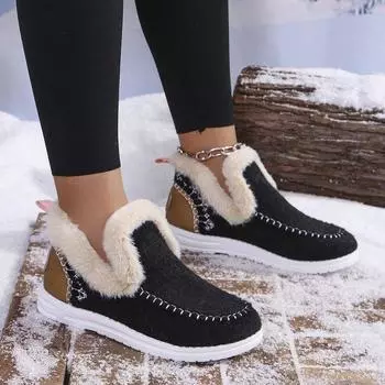 2024 зимние новые женские хлопковые туфли большого размера с ворсом и утолщенными заусенцами теплые плоские хлопковые туфли 36 чёрный