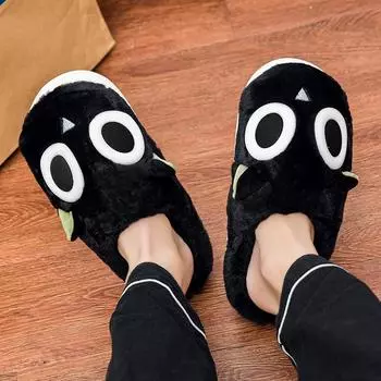 2024 Зимние плюшевые хлопковые тапочки Baotou с рисунком кота из мультфильма для дома, пара, толстая подошва, нескользящие хлопковые тапочки 36 чёрный