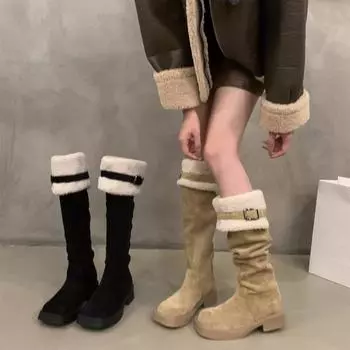2024 Зимние сапоги на толстой подошве, женские искусственные сапоги выше колена, новые зимние плюшевые теплые меховые сапоги, повседневная хлопковая обувь с пряжкой на ремне 35 чёрный