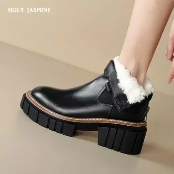 2024 зимние теплые женские ботильоны лаконичные из натуральной кожи и шерсти толстые каблуки с молнией сзади женские рабочие повседневные зимние ботинки 34 чёрный