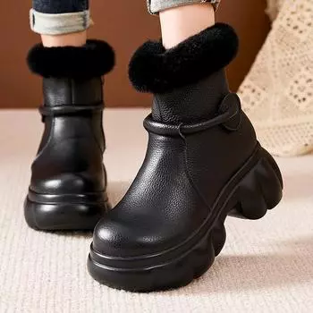 2024 Зимние теплые женские сапоги с мехом кролика, удобные женские туфли на толстой подошве и плоской платформе, повседневные короткие сапоги 220 чёрный