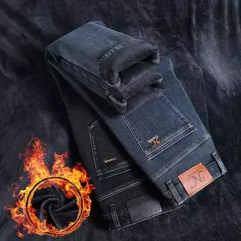 2024 Зимние толстые плюшевые эластичные узкие прямые мужские длинные брюки эластичный деним 28 синий/серый