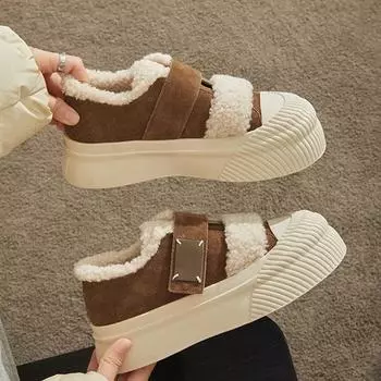 2024 зимние туфли на толстой подошве с пушистым узором женские на липучках с ворсом утолщенные теплые универсальные повседневные туфли бисквитного цвета маленькие белые туфли 35 чёрный