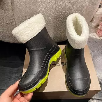 2024 зимние водонепроницаемые хлопковые резиновые сапоги женские теплые резиновые сапоги до щиколотки модные непромокаемые туфли для улицы противоскользящая обувь для ходьбы 36 розовый
