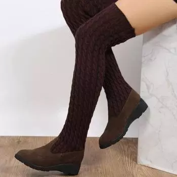 2024 Зимние вязаные шерстяные высокие носки сапоги для женщин Плоские выше колена Длинные эластичные узкие сапоги Сапоги до колена Женские дизайнерские 35 чёрный