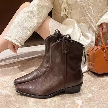 2024 зимние женские ботильоны кожаные туфли в стиле вестерн для женщин с острым носком на толстом каблуке ботинки челси ретро-ботинки Botas Mujer 35 чёрный