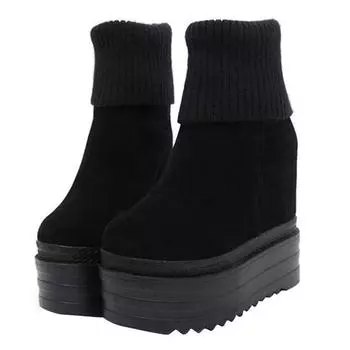 2024 зимние женские ботильоны на танкетке, высокие ботинки на платформе, толстые туфли на высоком каблуке, черные повседневные вязаные ботинки 35