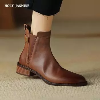 2024 зимние женские ботинки, ботинки челси с круглым носком, женская обувь, ботильоны из натуральной кожи, ретро-коричневые женские туфли из натуральной кожи 34 чёрный