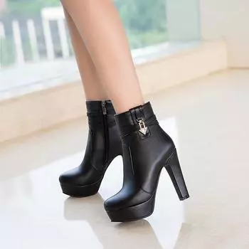 2024 зимние женские ботинки на высоком каблуке с круглым носком, женская обувь из искусственной кожи с кристаллами, зимние ботинки на платформе, большой размер 34-50 3 бежевый