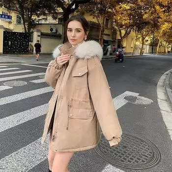 2024 зимние женские парки, пальто, женская меховая воротниковая утолщенная теплая хлопковая куртка, женская куртка с завязками на талии, пальто M красный