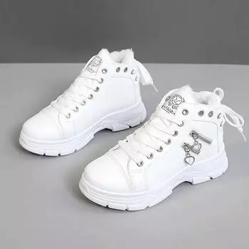 2024 зимние женские высокие кроссовки модная кожаная повседневная обувь на платформе для женщин плюшевые теплые хлопковые туфли Botas Mujer 35 белый