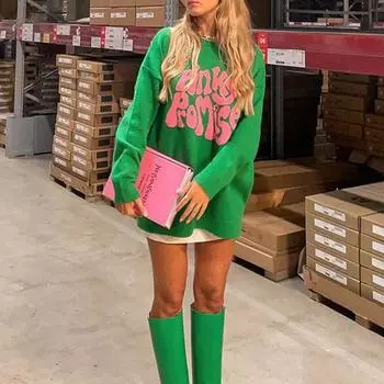 2024 Зимний круглый вырез с длинным рукавом и монограммой Жаккардовый вязаный свитер Пуловер Теплый модный свитер S розы красного