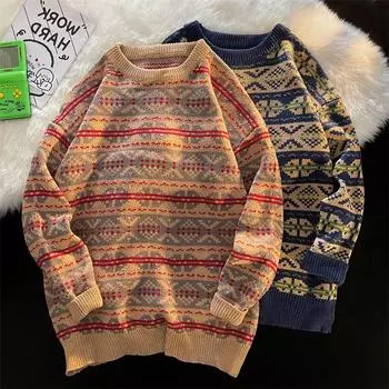 2024 зимний новый пуловер, мужской свободный винтажный модный брендовый утолщенный теплый вязаный свитер M синий