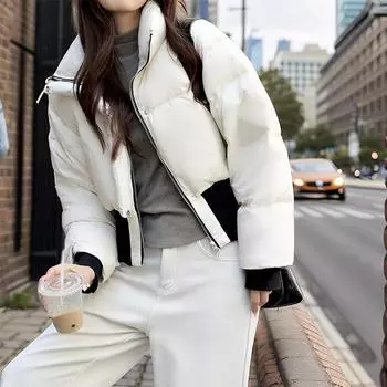 2024 зимний пуховик черный, талия и тонкий, иностранная личность пуховик с завязками женская куртка S90-60 kg белый