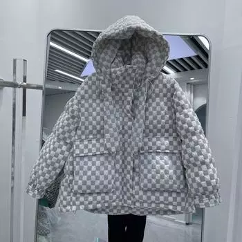 2024 зимний пуховик новый женский короткий цветной шахматный капюшон свободный утолщенный куртка для похудения прилив S синий