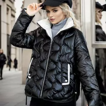 2024 зимний ветер новая мода хлеб одежда хлопковая одежда женская блестящая стойка воротник пуховая хлопковая одежда женская одежда L чёрный