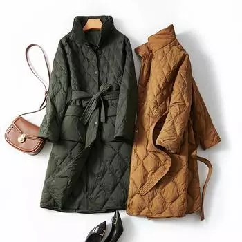 2024 зимний ветер тонкий прессованный пояс с ромбовидным узором воротник-стойка средняя и длинная куртка-пуховик женское зимнее пальто S хаки
