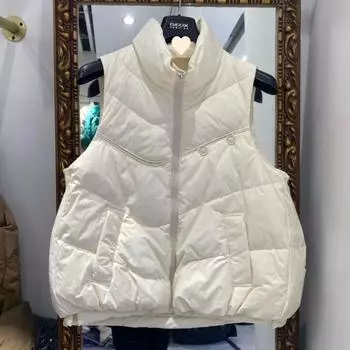 2024 зимний воротник-стойка белый утиный пуховый жилет короткий европейские товары большой размер свободный тепловой жилет верхняя одежда жилет женский S покинуть белый