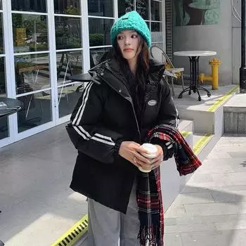 2024 зимняя короткая хлопковая одежда женская с капюшоном одежда для подруги утолщенная стеганая куртка одежда для хлеба куртка S чёрный