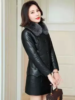 2024 зимняя кожаная куртка с мехом Haining, воротник из искусственного меха лисы, короткая хлопковая тонкая куртка из искусственной кожи, корейская версия, новая S чёрный