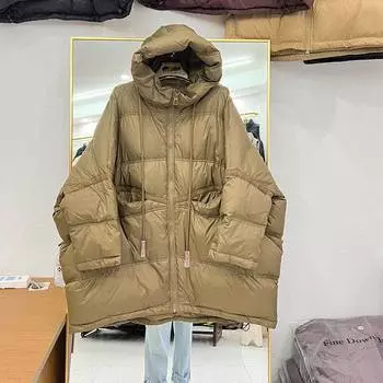 2024 Зимняя куртка большого размера, свободная, утолщенная, теплая, женская, с капюшоном, повседневная, белая, с капюшоном, куртка из утиного пуха Tide One size хаки