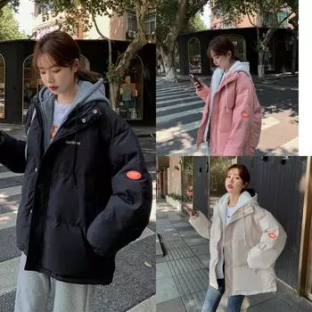 2024 зимняя куртка из хлопка для женщин, новая утолщенная корейская версия поддельной двухслойной свободной куртки с капюшоном, куртка из хлопка, куртка из хлопка S чёрный