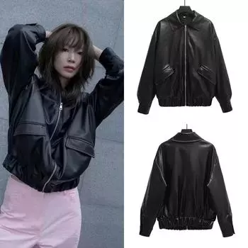 2024 зимняя куртка из искусственной кожи с лацканами, ветрозащитная, свободная и удобная короткая куртка, кожаная куртка XS чёрный