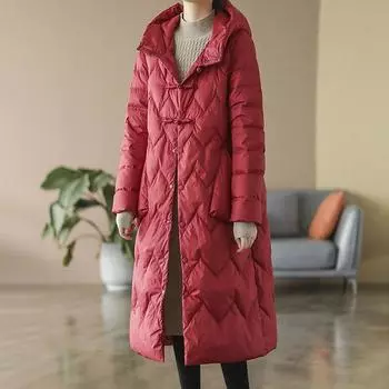 2024 зимняя куртка на белом утином пуху в китайском стиле, женская куртка в стиле ретро с литературной пряжкой большого размера, средняя и длинная куртка с капюшоном M чёрный