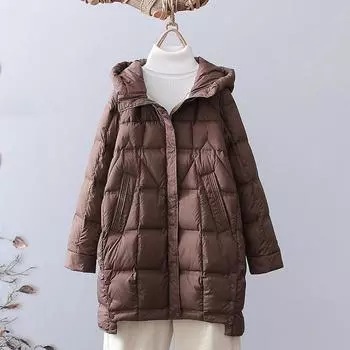 2024 зимняя куртка на белом утином пуху средней и длинной длины, женская модная куртка в иностранном стиле с капюшоном и толстым клеевым слоем, теплая куртка S чёрный