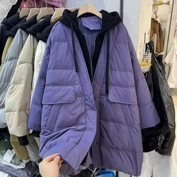 2024 зимняя куртка-пуховик из двух частей с капюшоном, средняя и длинная, женская зимняя белая куртка на утином пуху one size fits all темно-фиолетового
