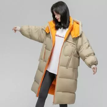 2024 зимняя куртка-пуховик женская средней и длинной контрастных цветов свободная выше колена повседневная куртка тонкая, модная, удобная и легкая one size fits all хаки
