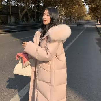 2024 зимняя куртка-пуховик женская средняя и длинная утолщенная теплая белая утиная пуховая куртка с капюшоном и воротником из меха лисы модная и тонкая XS80-57.5kg